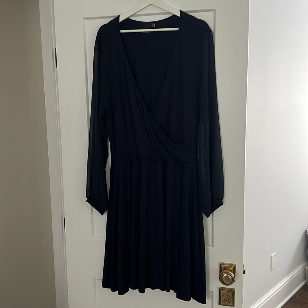 Asos Curve navy skater v-neck wrap dress with long chiffon sleeves US sz. 16